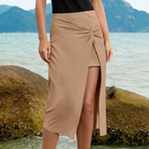 Influencer Double  Skirt Nude Beige Fitted Spandex Solid High Slit L Miholl
